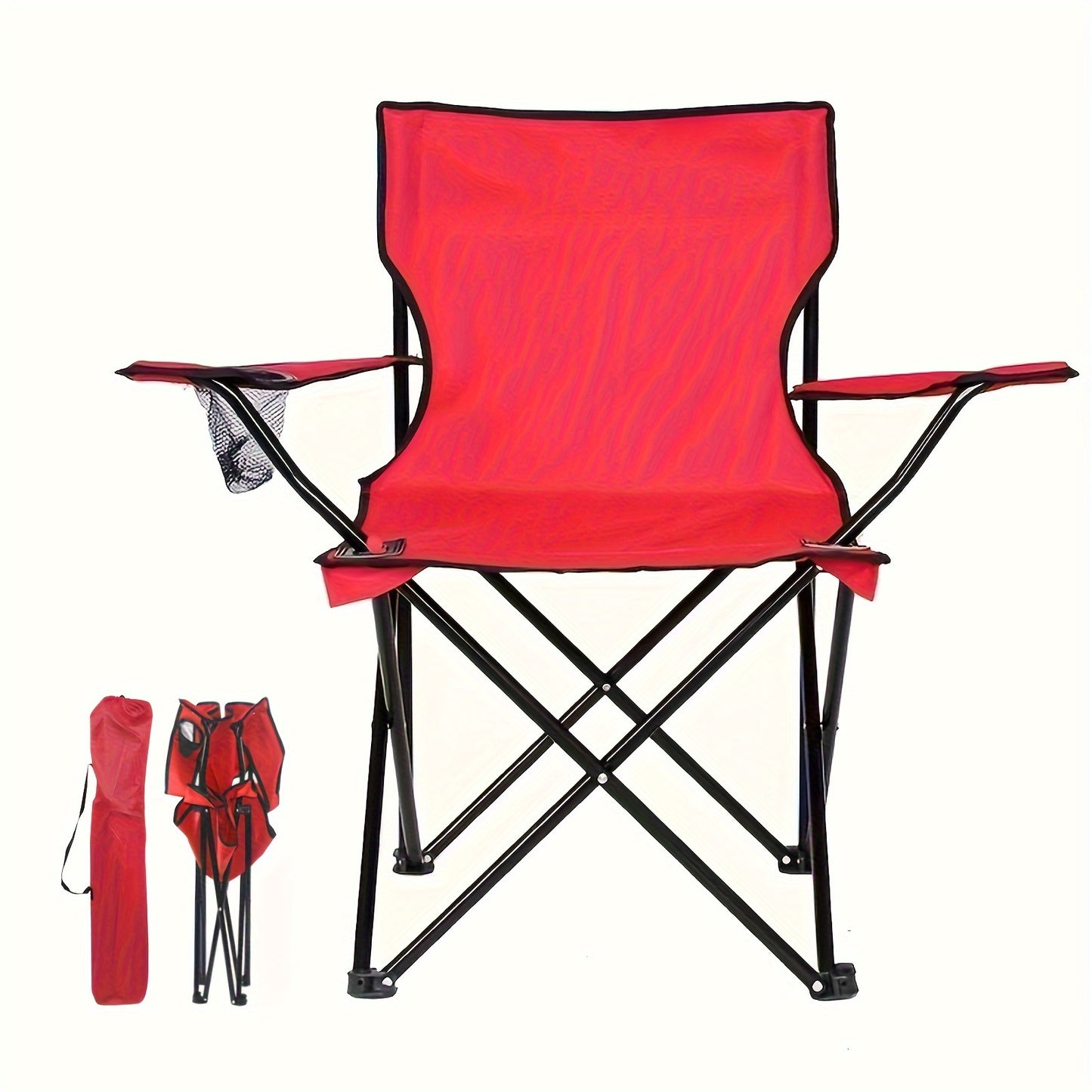 Portable picnic camping chair with carrying bag, water cup holder, and foldable design.