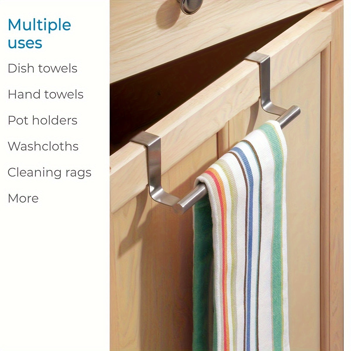 Steel towel bar for door or cabinet storage, holds hand and dish towels in kitchen or bathroom.