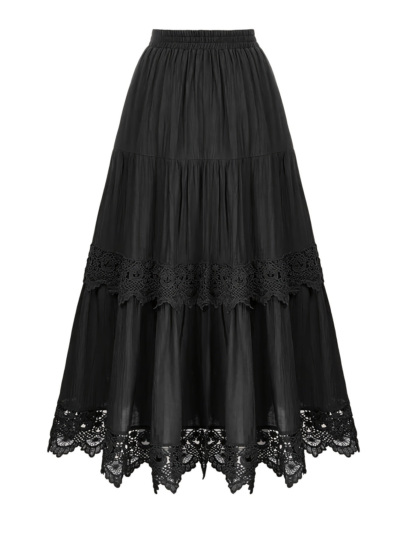 Plus size tiered skirt with lace detail, polyester, a-line, long, elastic waist, solid color, loose fit for all seasons.