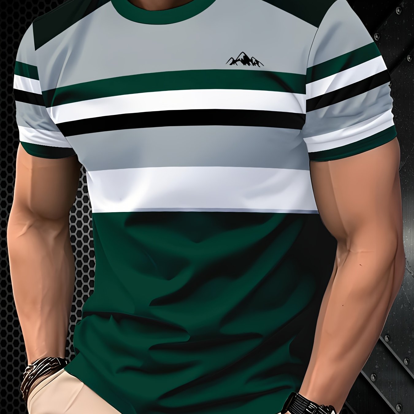 Men's Fashion Striped T-Shirt, Polyester Crew Neck, Regular Fit - Deep Green and White