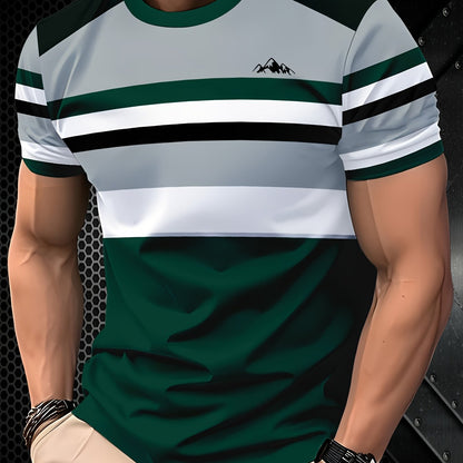 Men's Fashion Striped T-Shirt, Polyester Crew Neck, Regular Fit - Deep Green and White