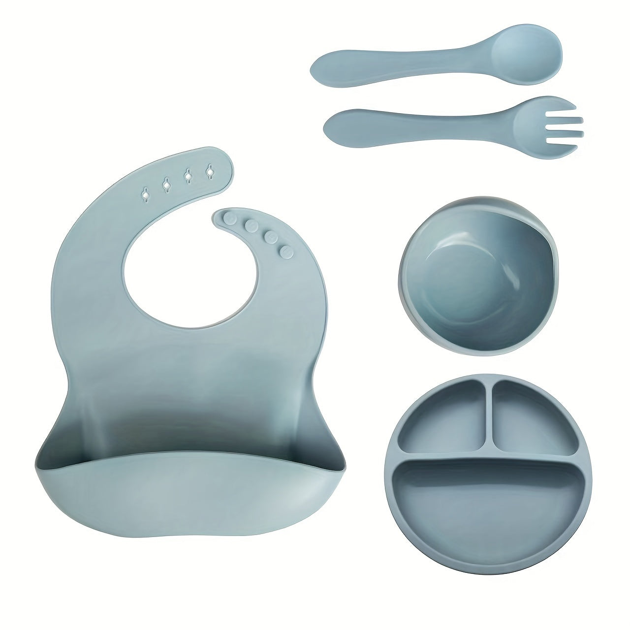 Set of 5 silicone cutlery, including a bowl, divided plate, spoon, fork, and waterproof bib. Non-toxic and high temperature resistant tableware set, perfect as an Easter gift.