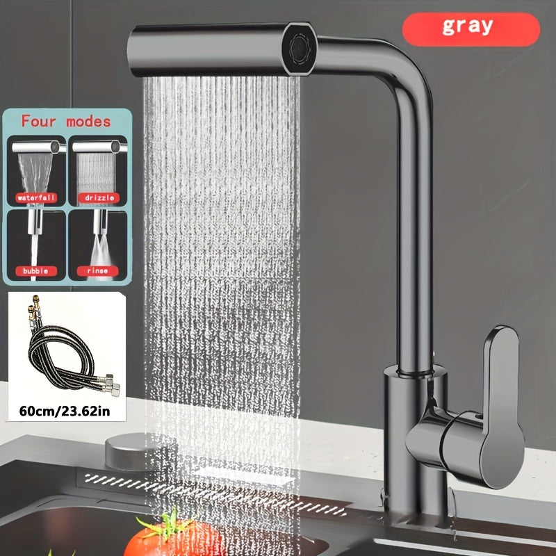 Commercial kitchen faucet with sprayer, rotary spout, and durable single-handle mixer. Space-saving design for various locations including farmhouses, caravans, stores, and modern kitchens.