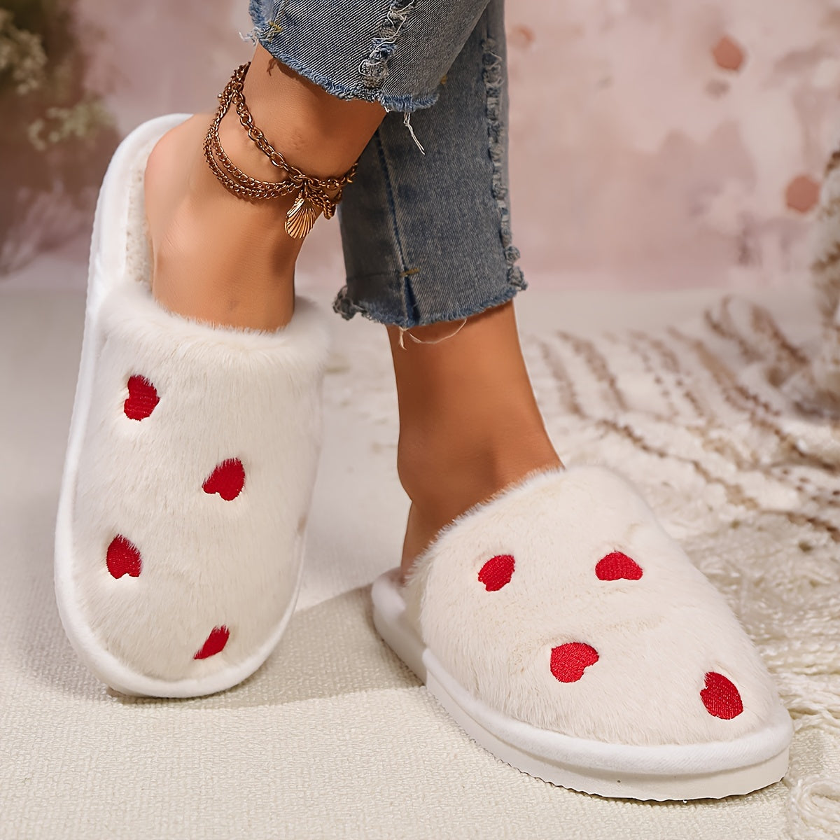 Soft and warm women's winter slippers with heart pattern - cozy and cute design, non-slip sole, hand washable, available in black, white, pink.