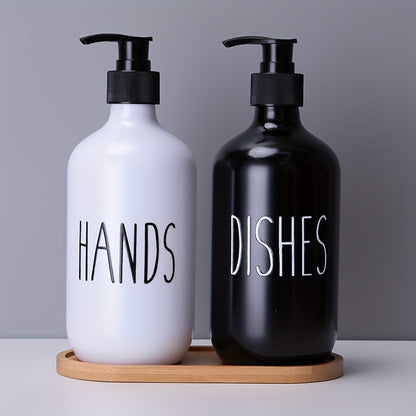 Set of 2 plastic soap dispensers for hand and dish soap, perfect for bathroom countertop storage.