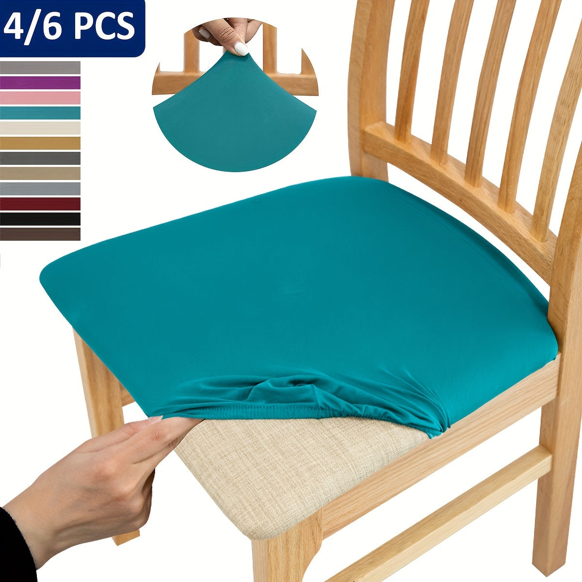 4/6 piece elastic chair cushion cover in various solid colors. Easy to install and ideal for protecting furniture in living rooms, kitchens, and restaurants.