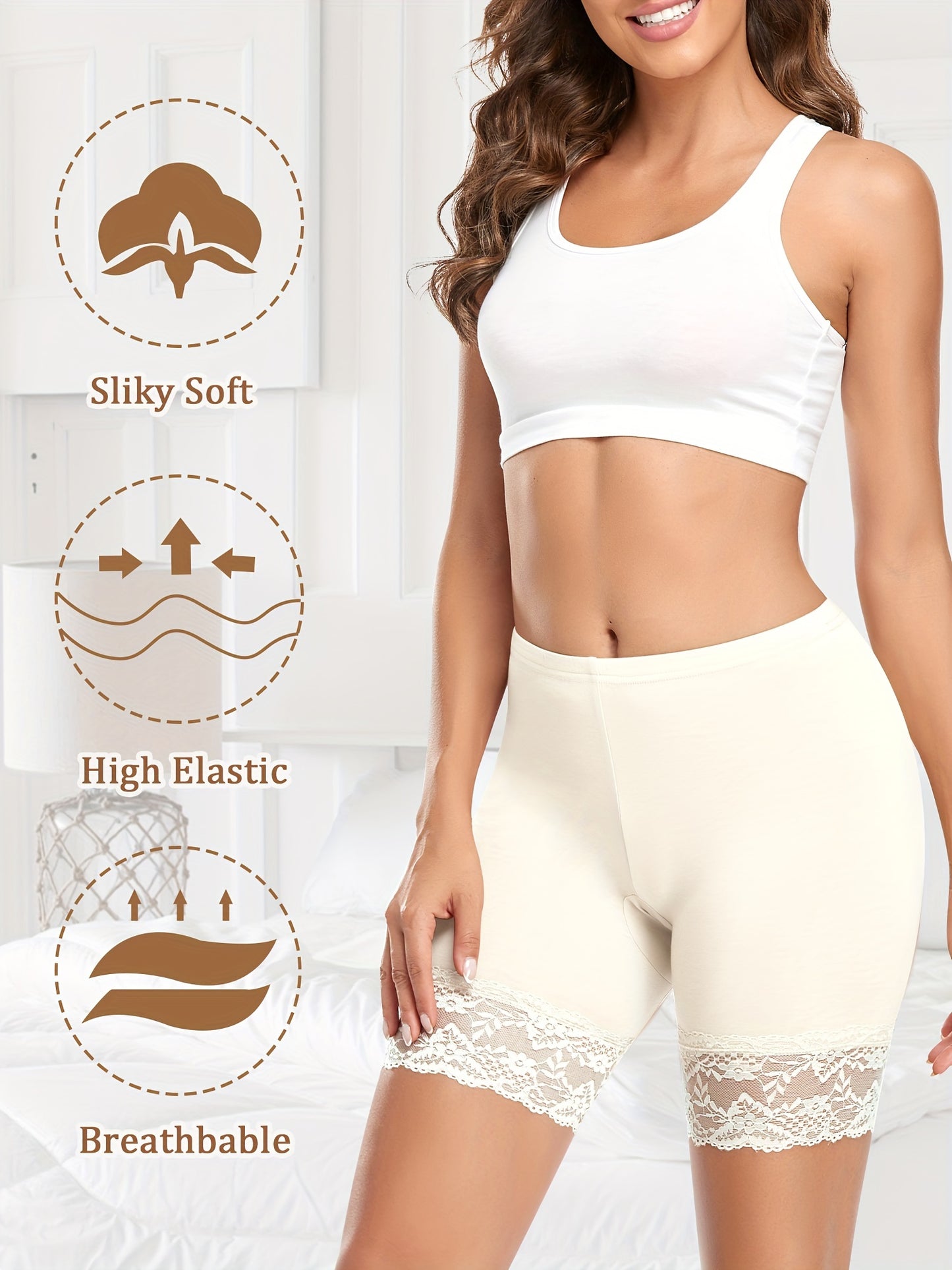 Pack of 3 high-waisted shorts with lace panels, solid color, made of rayon/viscose blend knit fabric, featuring slimming legging style with lace detail.