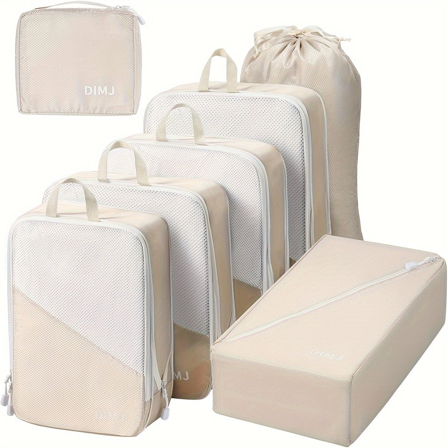 Set of 7 Compression Packing Cubes designed for travel, made from lightweight materials to fit easily into suitcase. Features sturdy handle for convenience, includes cubes for shoes, laundry, and underwear. Essential travel organization tools.