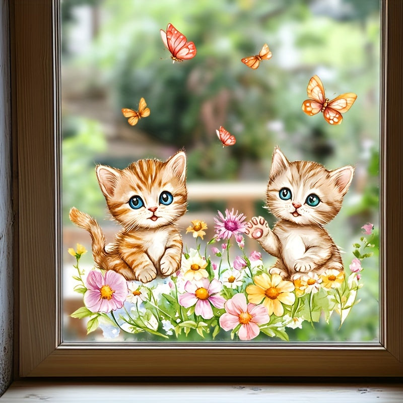 Glass stickers featuring a pair of cats catching butterflies and flowers, designed to prevent collisions. These self-adhesive stickers are simple to apply and can be used on bathroom, bedroom, living room, door, and window glass surfaces for home