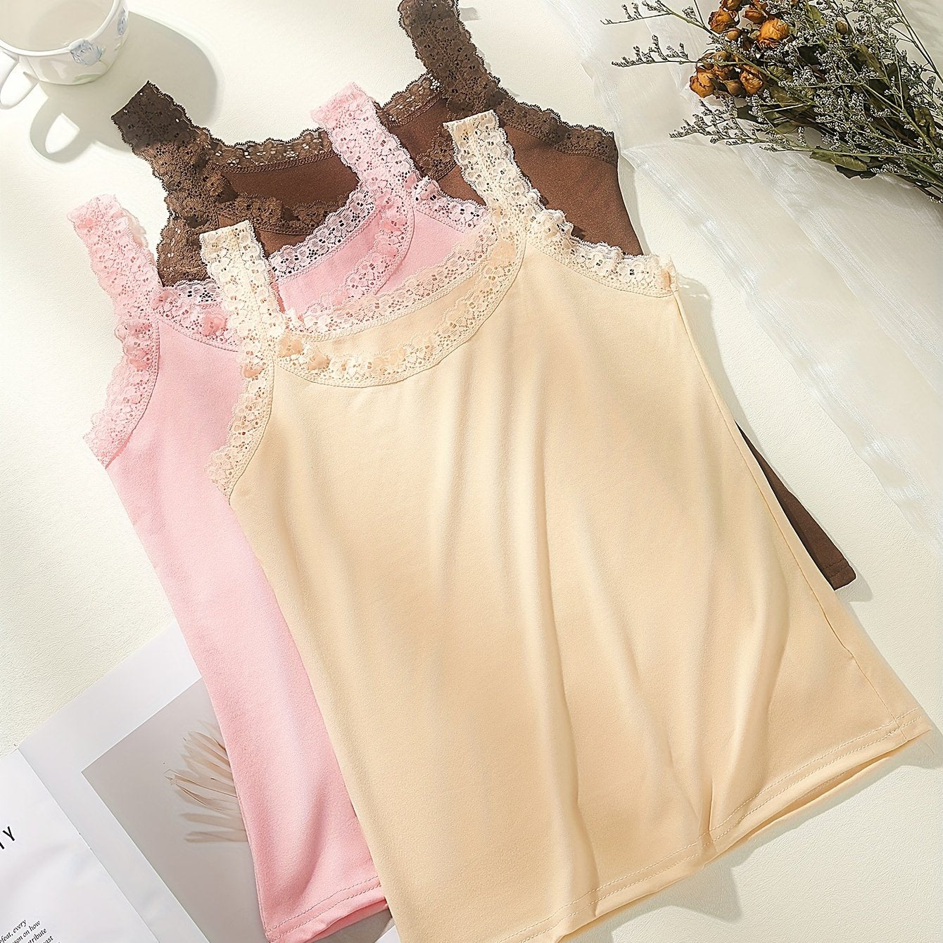 3 Elegant Lace Trim Cami Tops for Women in Pink & Beige, Soft Nylon & Elastane Blend, Breathable & Comfortable