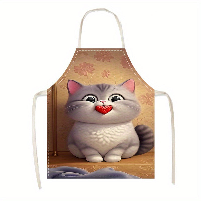 Adorable Cat-Inspired Linen Apron for Grown-Ups - Sleeveless, Long-lasting Culinary Garment adorned with Charming Cartoon Cat & Flower Pattern, Featherlight & Effortless to Maintain, Ideal for Culinary Creations at Home, Home Chef's Fashion|Floral