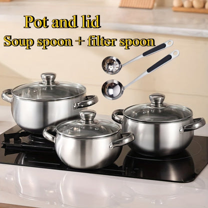 Three-piece kitchen cooking pot set made of stainless steel, including a stockpot, a pearl pot, and a hot pot, all perfect for holiday promotions.