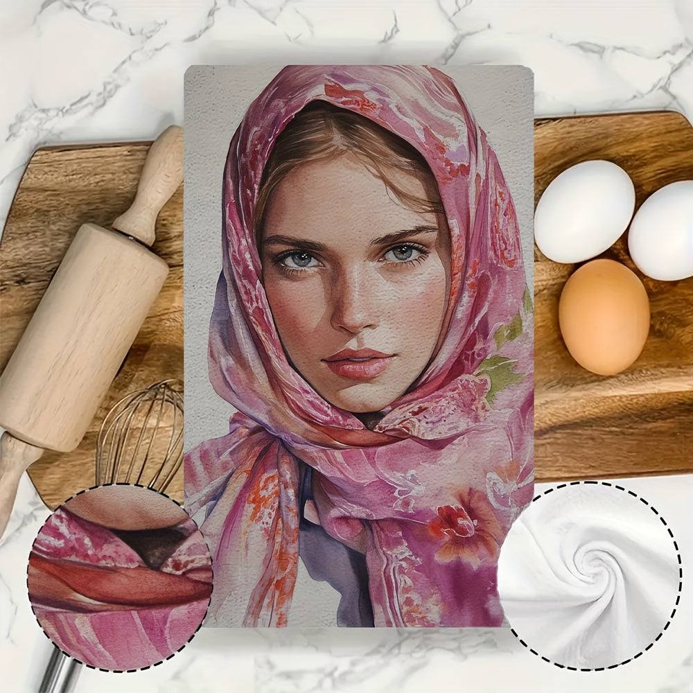 Two pieces of ultra-soft kitchen towels featuring a vibrant floral woman design, with a luxurious silk scarf feel. These towels are highly absorbent, machine washable, and measure 40.64x60.96 cm. Perfect for holiday decor.