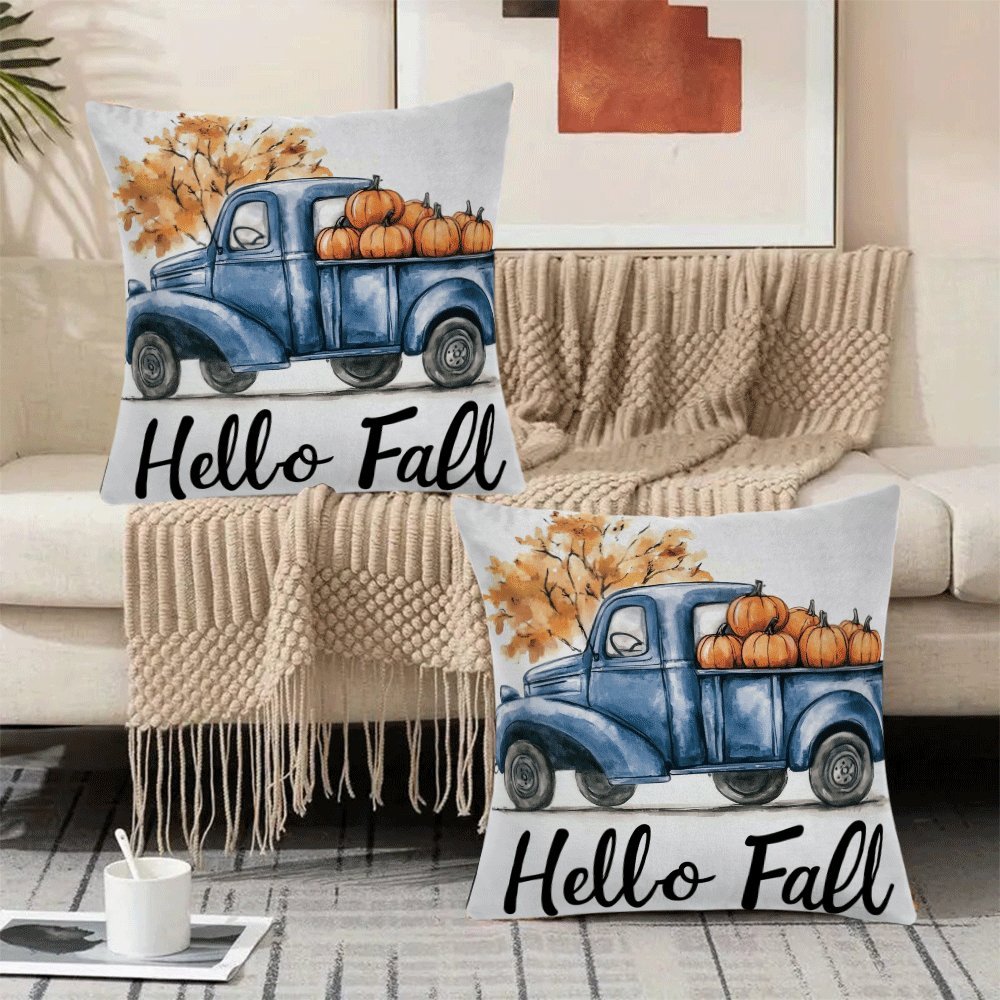 Set of 2 contemporary flannel pillow covers, measuring 45.72x45.72 cm each. These machine washable cushion cases feature a zippered closure and a charming fall pumpkin truck design. Perfect for all seasons, these pillowcases are ideal for back sleepers