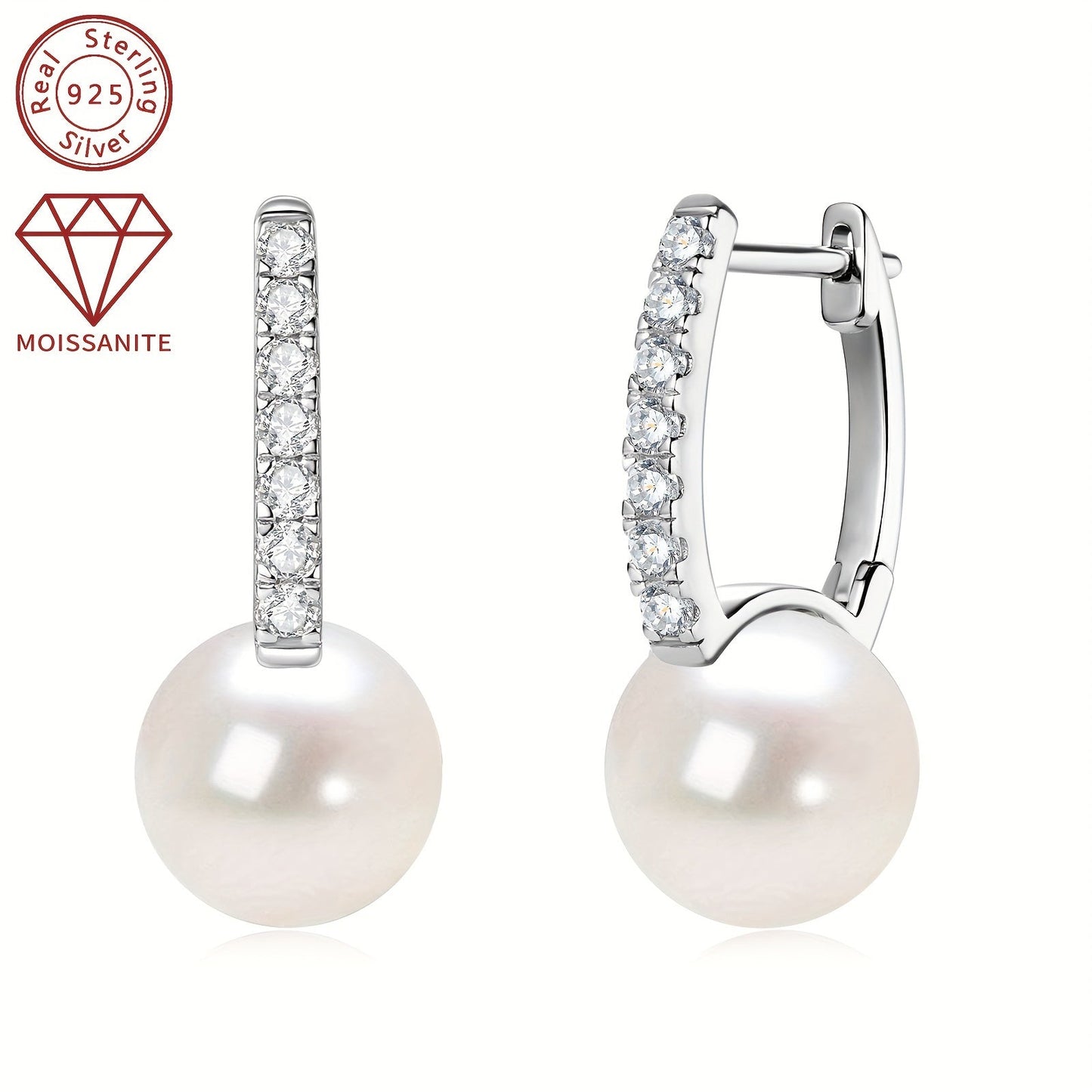 A pair of 925 Silver Women's Fashion Pearl Earrings featuring a round 9.5-10mm Natural Freshwater White Pearl and 14pcs of Moissanite stones measuring 1.8mm each, totaling 0.35ct. The earrings weigh 2.11g in total and are a stunning combination of pearls