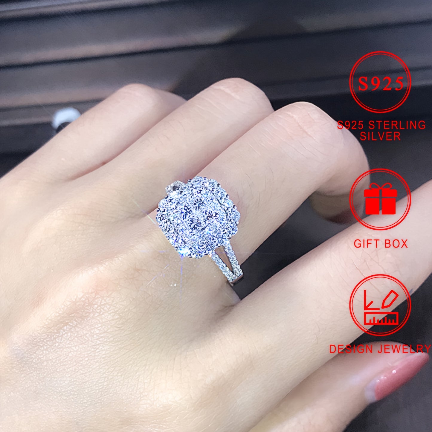 925 Sterling Silver Square Synthetic Zirconia Ring for Women, ideal for engagement, wedding, or everyday wear. High-quality jewelry with a gift box.