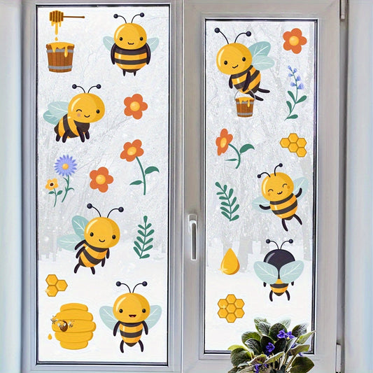 Set of 2 Cute Cartoon Bee and Flower Stickers for Glass Windows - Size: 29.97cm X 20.07cm, Easy to Stick, Can be Used Multiple Times, Modern Design