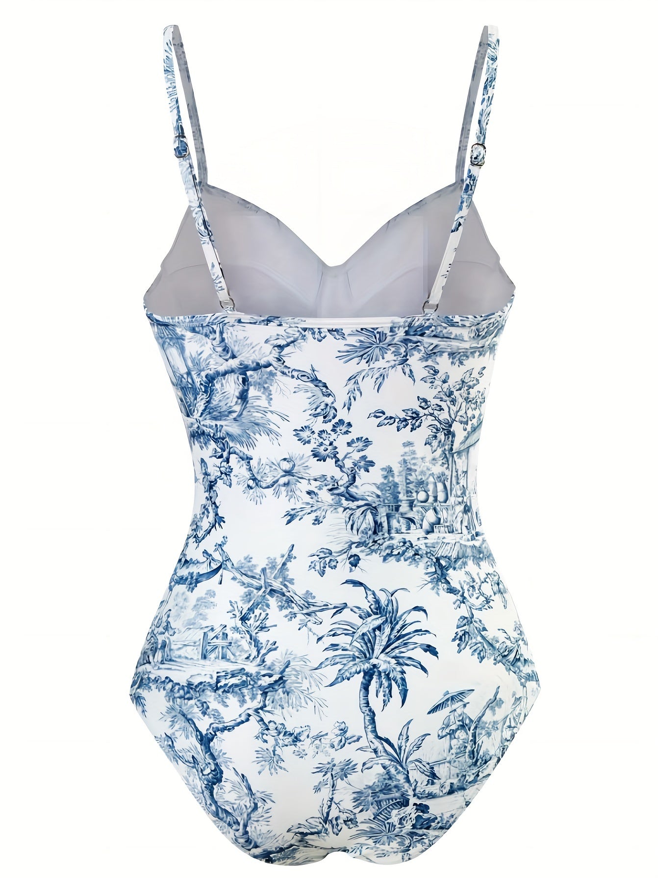 Blue Chinoiserie Print Push Up Swimsuit with Spaghetti Straps