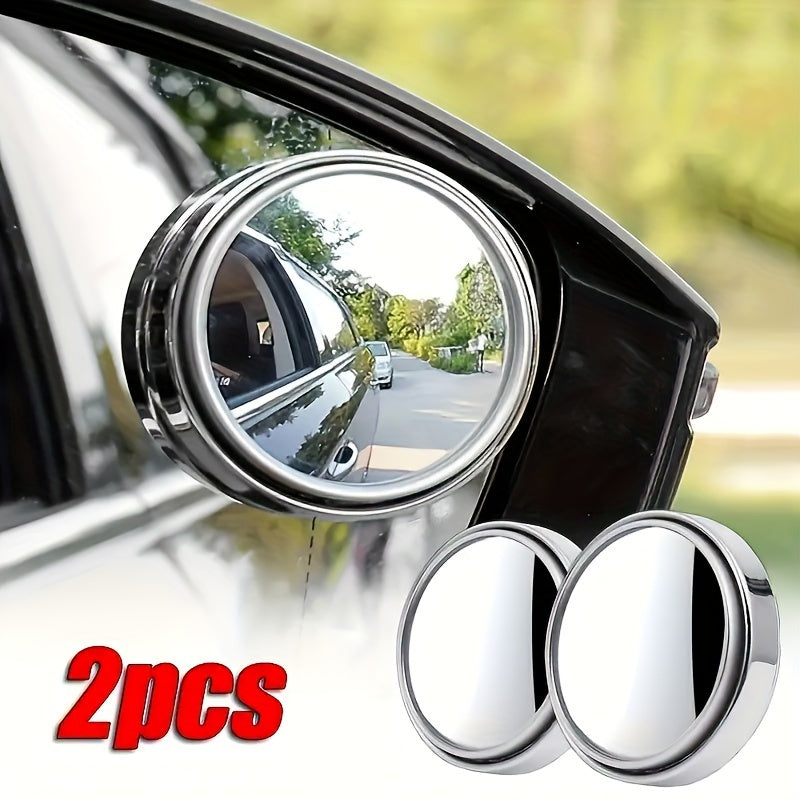 Small round mirror with HD glass for car rear view, rotatable 360 degrees for blind spot assistance.