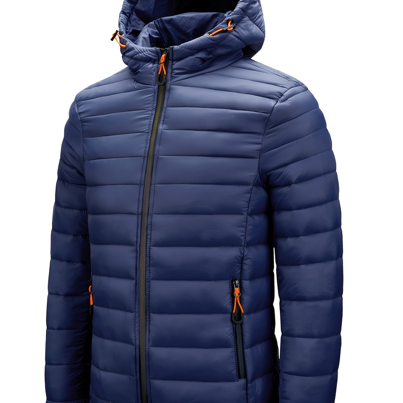 Men's winter hooded jacket with green and orange zipper pockets, made of a warm nylon-polyester blend. Features a full-zip design, ribbed cuff sleeves, and quilted insulation for casual