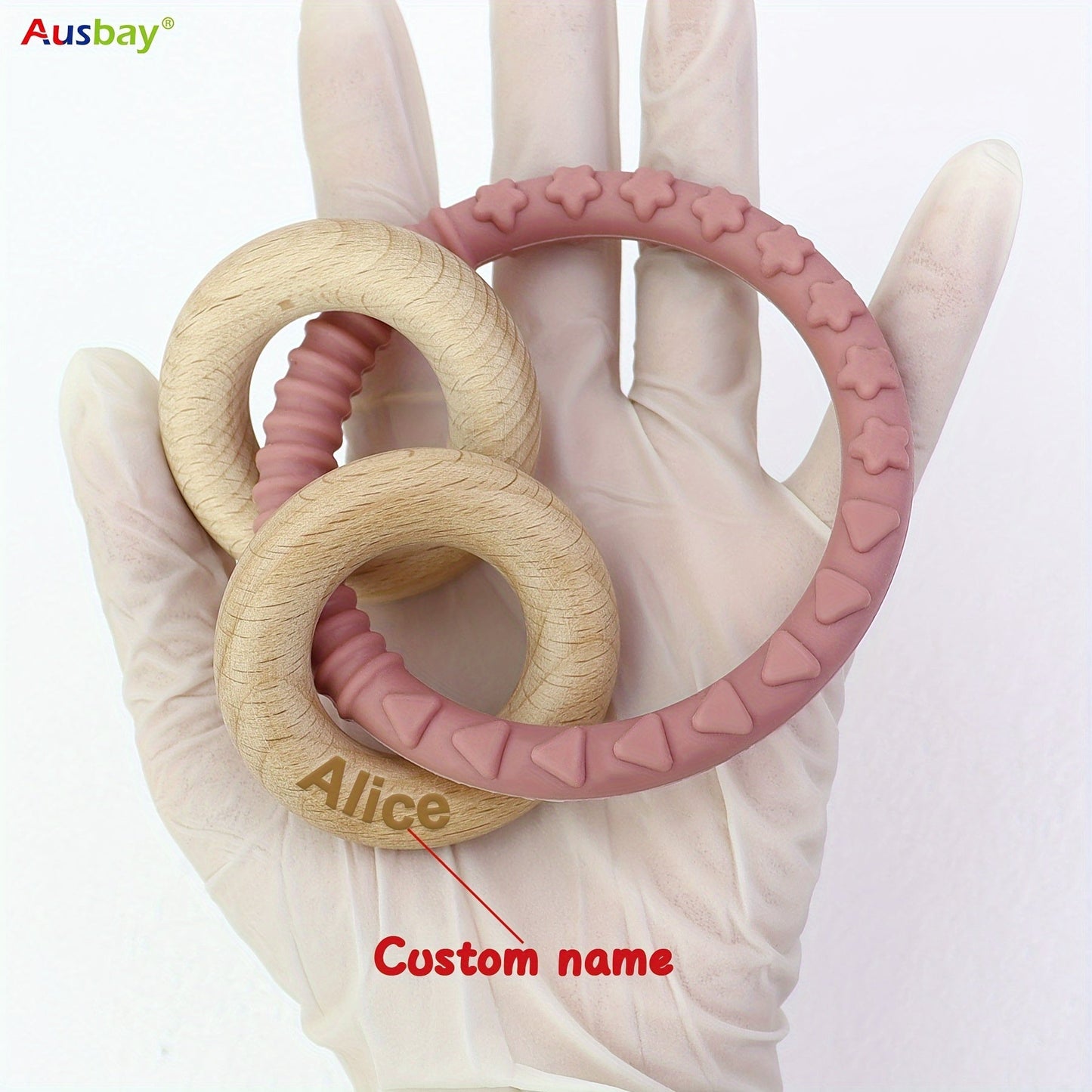 Customizable Silicone Wooden Rattle Ring, Personalized Keepsake With Cute Wood Rings