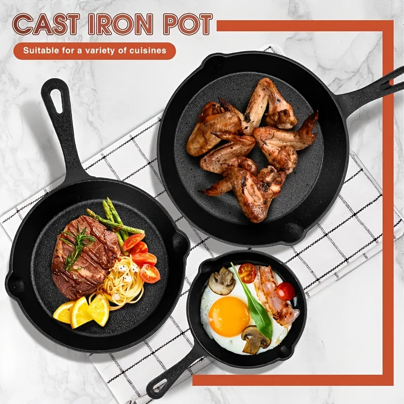 Cast Iron Skillet Set with Scraper & Lid - 3 Pieces, Pre-Seasoned Non-Stick Cookware for Frying, Stirring, and Baking - Must-Have Kitchen Tools.