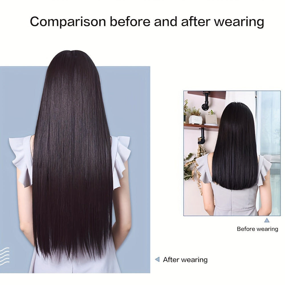 Elegant natural looking synthetic clip-in hair extensions for daily use, 32 inch long straight pieces with 5 clips.