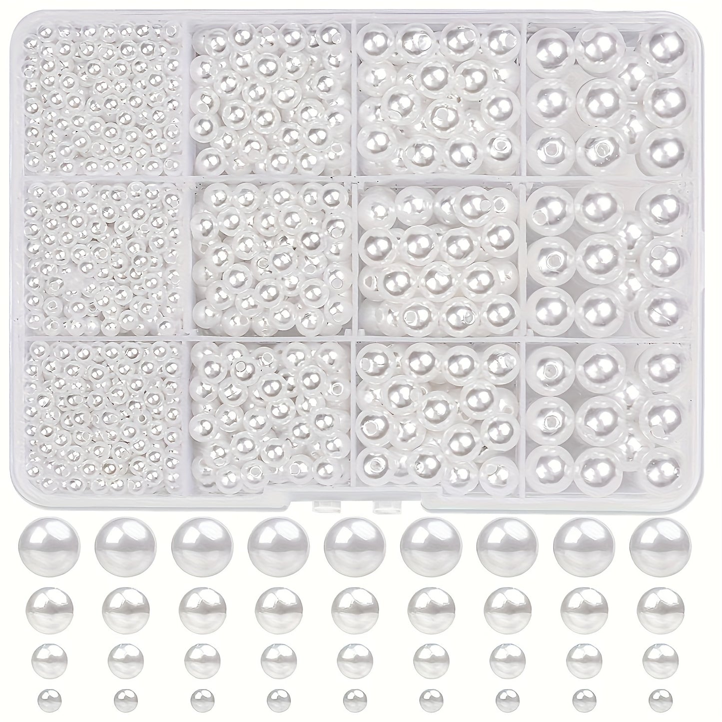 1320 pieces of white round pearl beads in sizes of 4, 6, 8, and 10 millimeters. Comes in 12 boxes for making DIY bracelets and necklaces. Can be used to create colorful crafts with beads