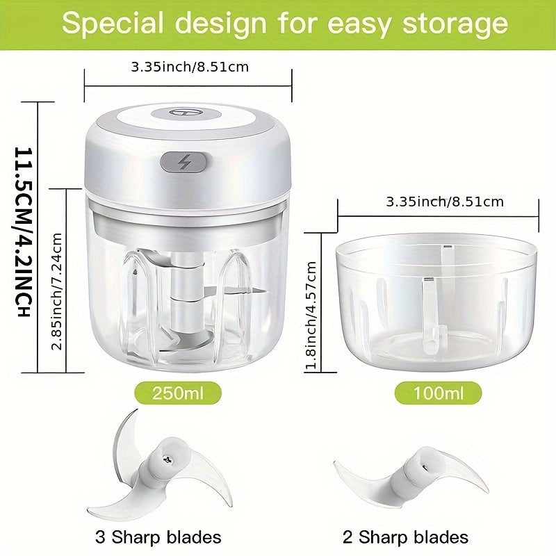 Upgrade your kitchen with this powerful Electric Food Chopper! This Wireless Portable Electric Chopper includes a Mini Electric Garlic Crusher, perfect for all your chopping needs. Also included is a USB Meat Grinder and Masher in 100/250ml sizes.