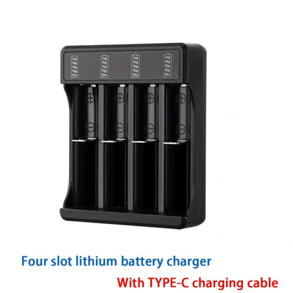 LED USB charger for 3.7V lithium batteries (10440, 14500, 18650), with quick charge and overcharge protection. Operating voltage ≤36V, battery not included.