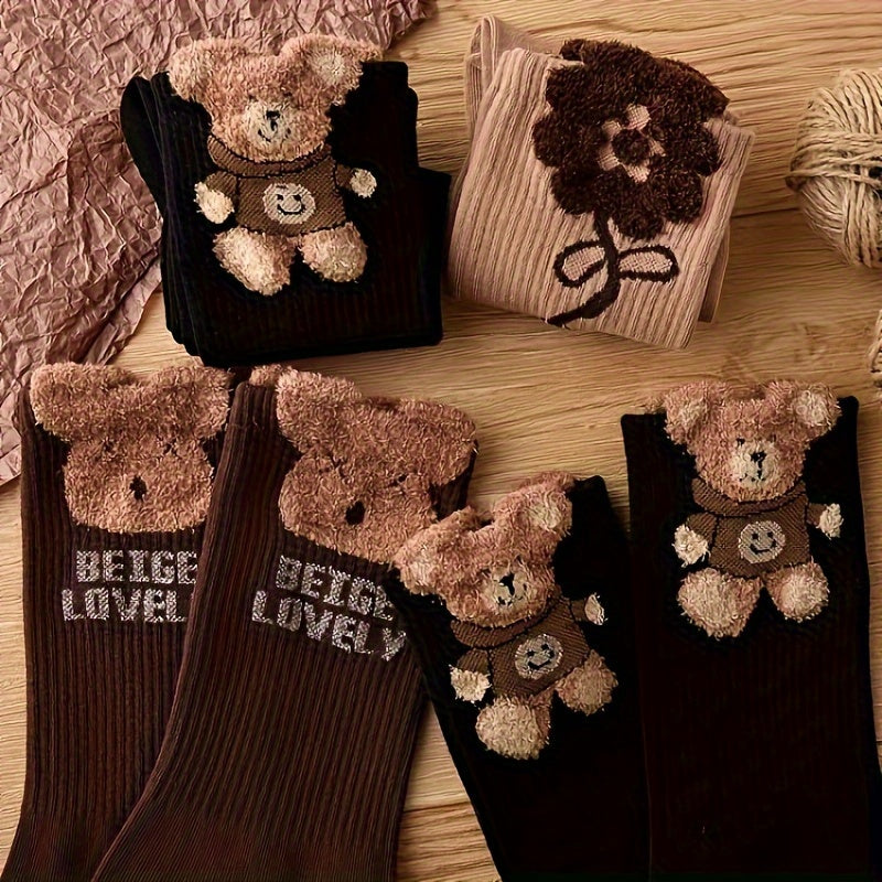 3 pairs of cartoon bear print mid tube socks for women, comfy and cute.