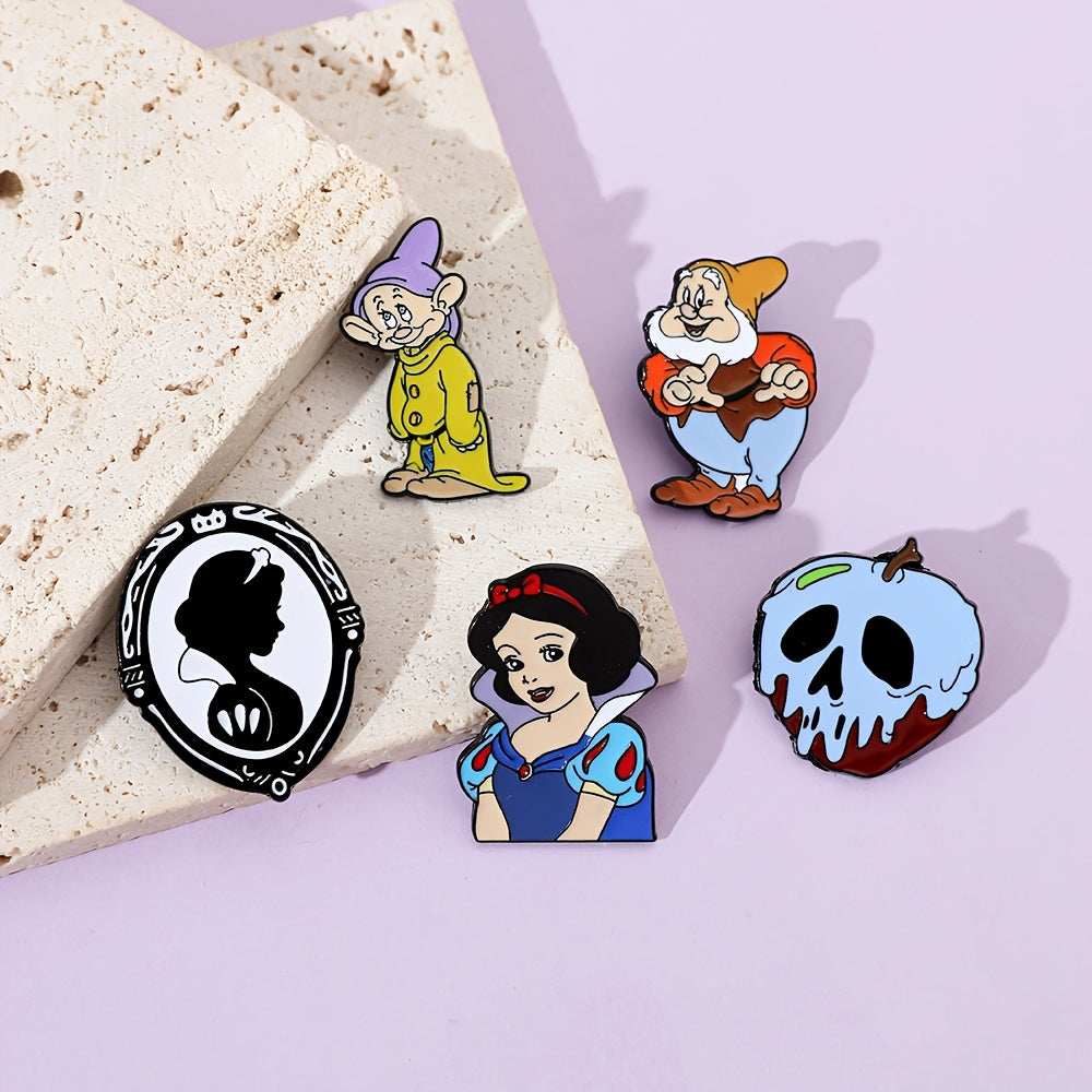 Set of 5 Enamel Pins - Adorable Snow White & The Seven Dwarfs Brooches, Made of Alloy Metal, Perfect for Clothing and Backpacks