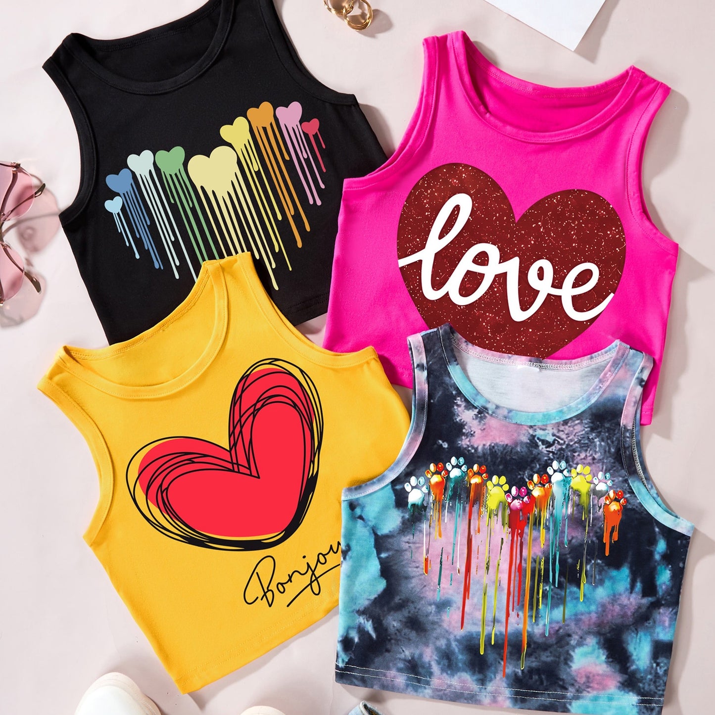 4 BlueSailor Love Heart Print Tank Tops - Vibrant Multicolor Polyester & Elastane Blend, Crew Neck, Non-Transparent - Perfect for Summer Casual Wear