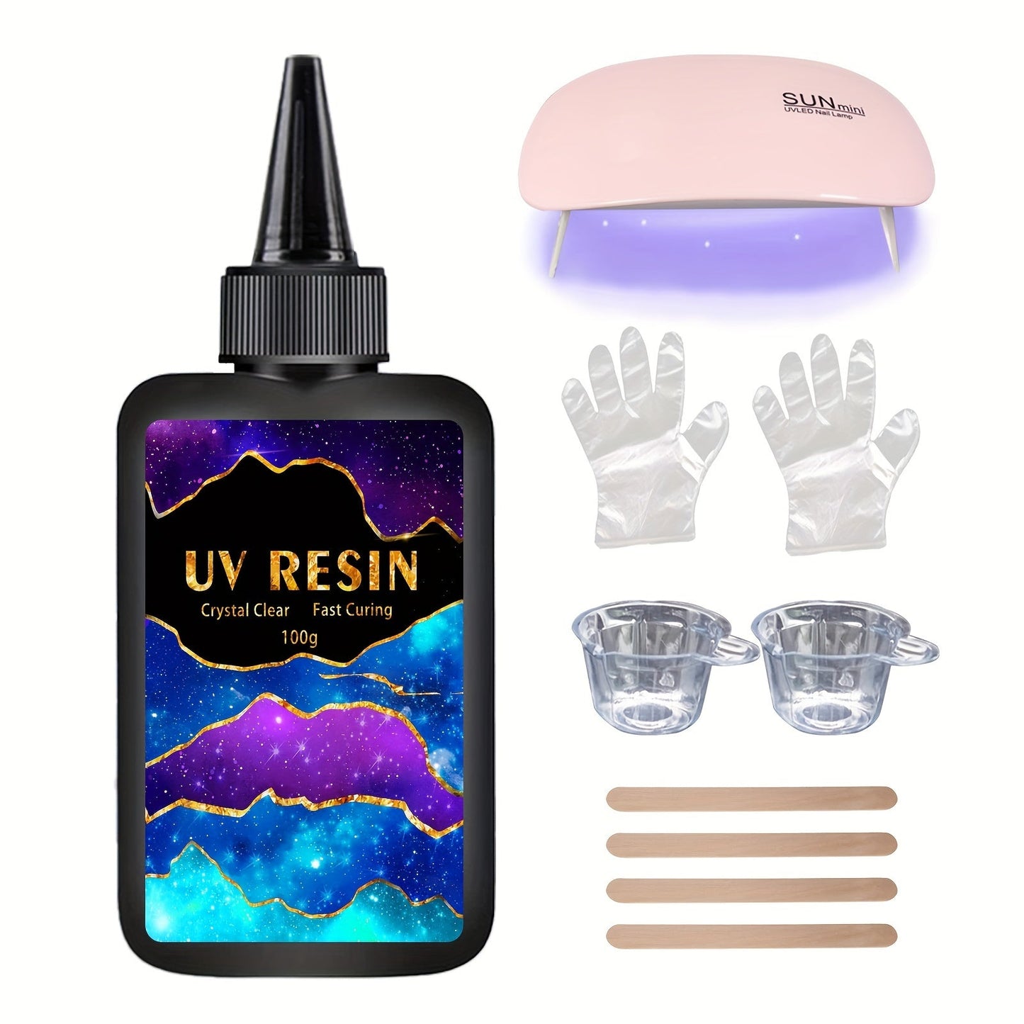 Upgrade your art and jewelry-making projects with this UV Resin Kit, available in 10g, 25g, 60g, and 100g sizes. The crystal clear hard UV curing premixed epoxy resin is perfect for beginners and comes with a lamp for easy curing. Get started on your