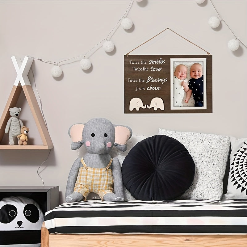 Wooden Twin Photo Frame with Elephant Design - Capture Double the Joy, Double the Love, Double the Blessings - Rectangular Picture Frame for Cherished Twins Forever Keepsake