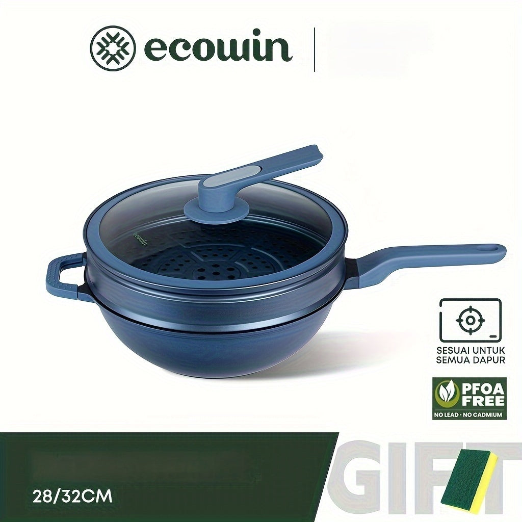 Introducing the Ecowin Non-Stick Blue Diamond Coated Wok with Steamer - Available in 27.94cm/32.0cm Large sizes, this wok is built to be durable, corrosion-resistant, and compatible with all stovetops. Perfect for autumn cooking.