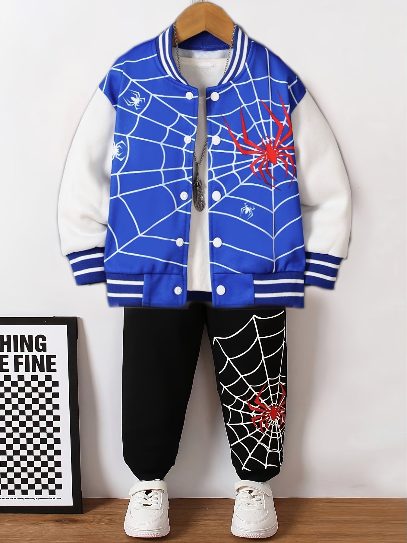 2-piece boys spider print baseball jacket and pants set, perfect for spring and autumn outdoor wear, also great as gifts