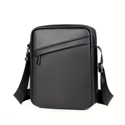 Men's black crossbody bag with adjustable strap featuring a stylish lychee texture. Perfect for business, travel, and casual wear. Multiple compartments for organization. Ideal for everyday