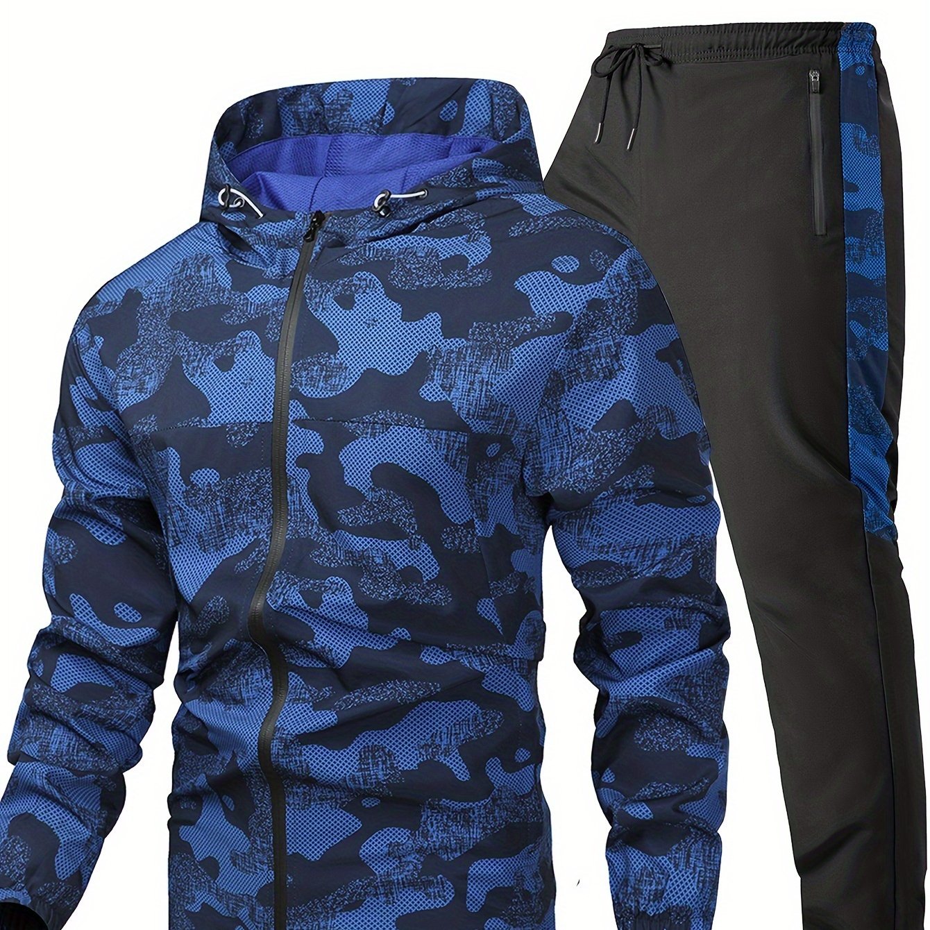 Men's Camo Windproof Athletic Set - All-Season Sports Hooded Jacket & Pants, Quick-Dry, Breathable, Reflective, Full-Zip Gym Suit with Slight Stretch, Polyester & Elastane, Outdoor Fitness