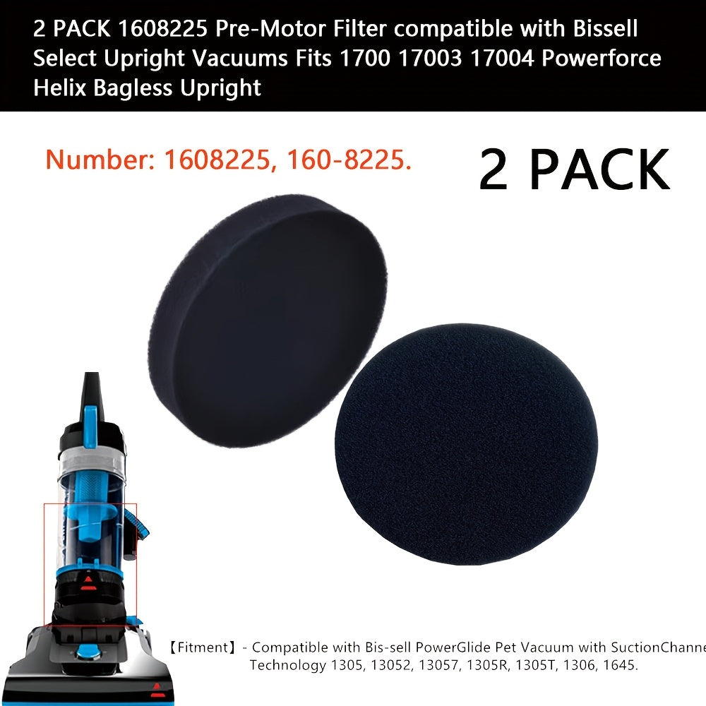 Get two pre-motor filters from this 2-Pack of 1608225 filters that are designed to work with Bissell Select Upright Vacuums. These filters are compatible with models 1700, 17003, and 17004 Powerforce Helix Bagless vacuums. Made from durable plastic