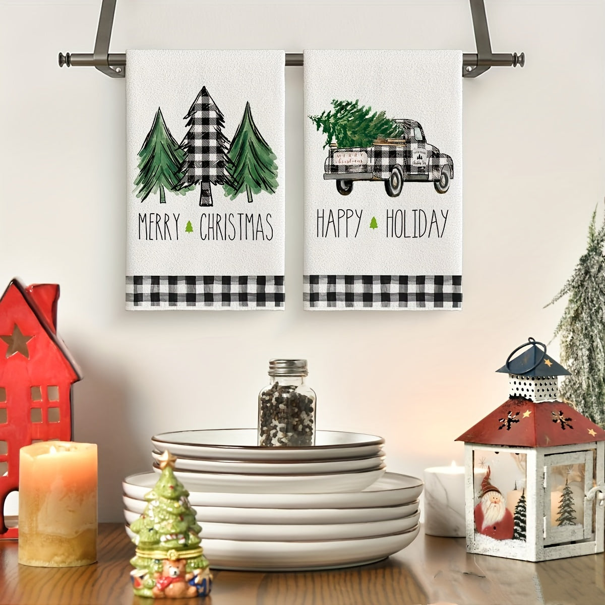 2/4Pcs Christmas Hand Towels with Truck Christmas Tree Plaid Print - Perfect for Kitchen and Dining Table Decor or as Housewarming Gifts.