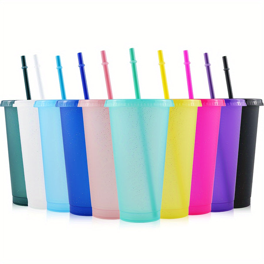 10 reusable 24oz tumblers with lids & straws, BPA-free, ideal for drinks at parties & gatherings.