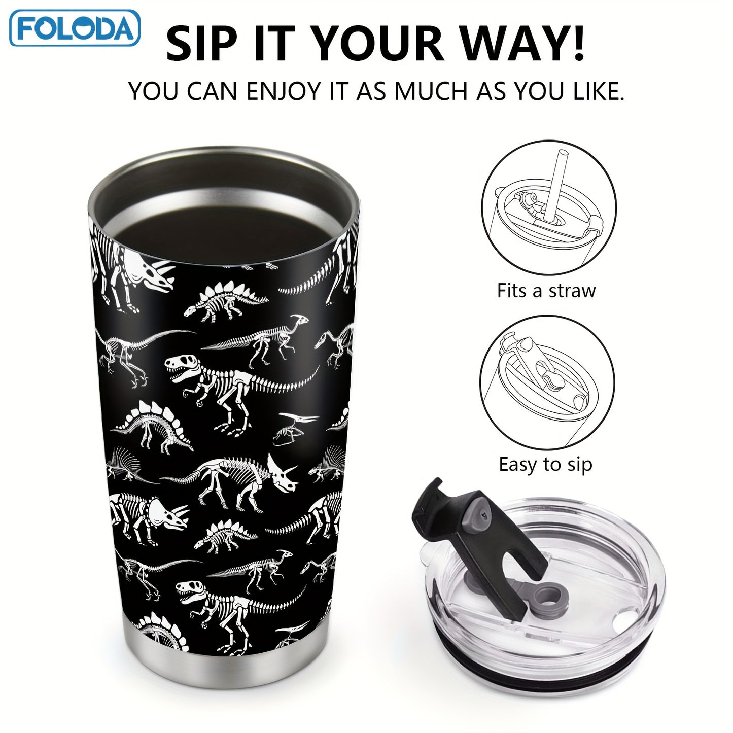 Foloda Dinosaur zanglamas po'latdan yasalgan izolyatsiyalangan tumbler 20oz - issiq/sovuq ichimliklar uchun ideal, oval shakl, oqmaslik uchun flip qopqoq, har qanday tadbir uchun mukammal sovg'a.