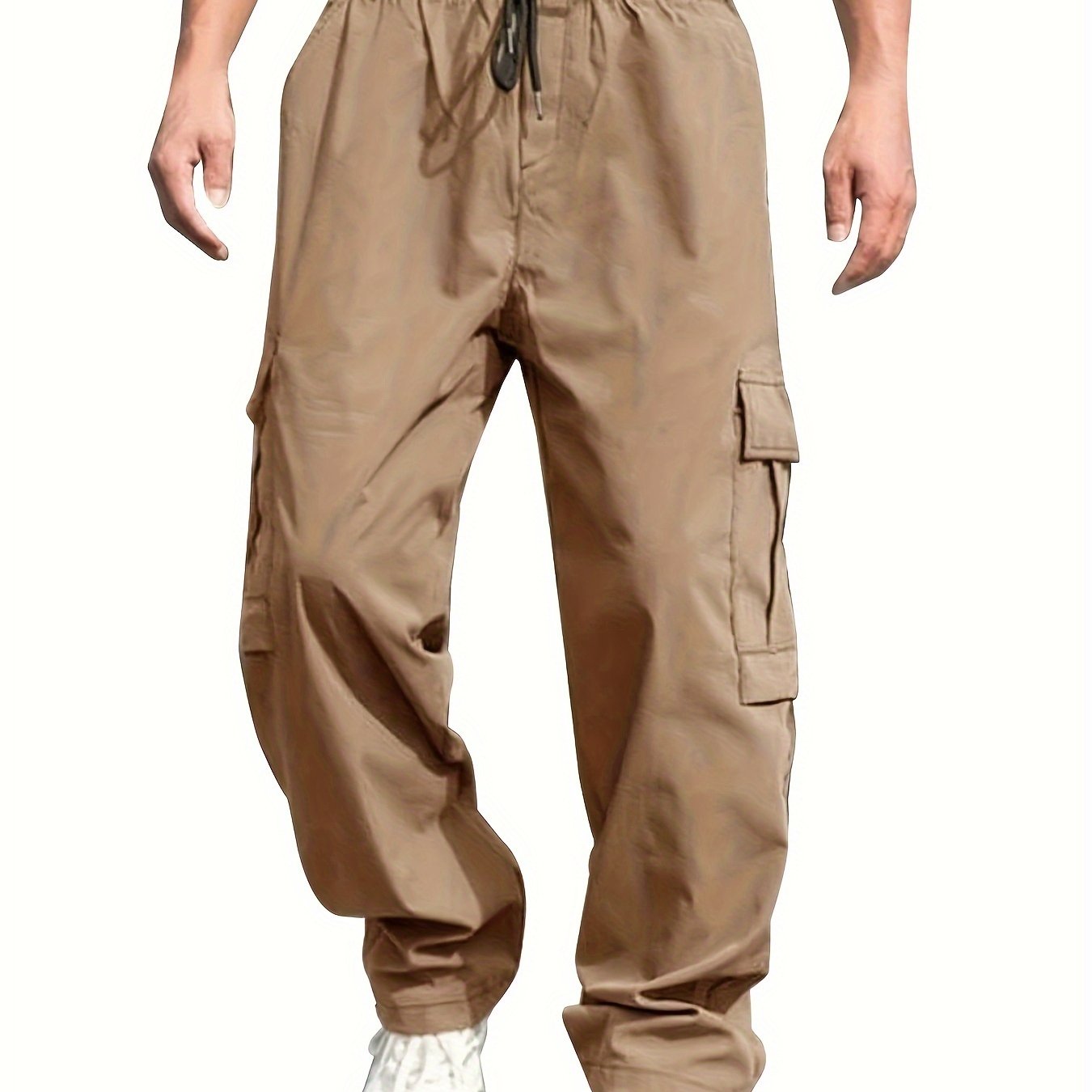 Men's olive green cargo pants with side pockets, adjustable waist, and lightweight twill fabric - perfect for casual street style jogging in all seasons.