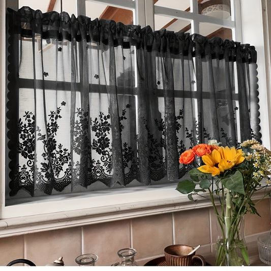 Elevate your space with this elegant black floral lace cafe curtain. Featuring a sweet and simple design, this curtain is made of sheer polyester and has a rod pocket for easy installation. Perfect for adding a touch of sophistication to your kitchen