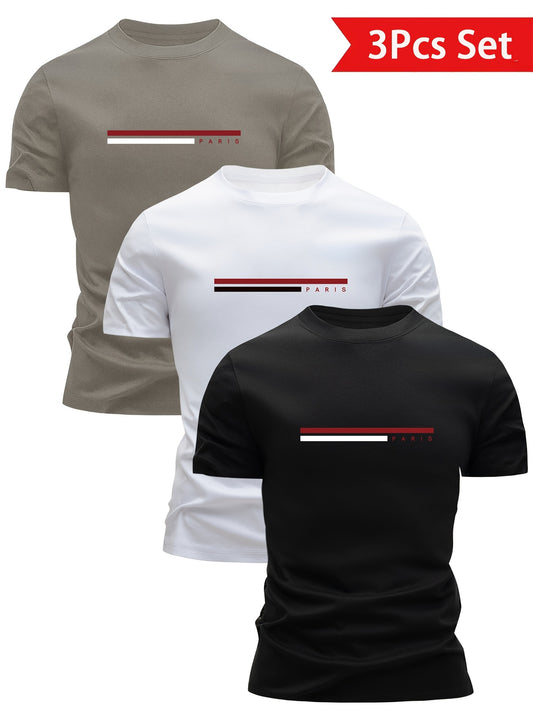 Three men's 100% cotton t-shirts with summer short sleeves, crew necks, and casual print designs in gray, white, and black, ideal for casual attire.