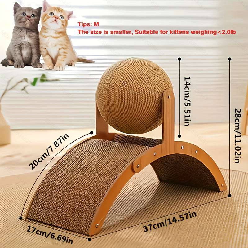 Wooden cat scratching ball with corrugated paper base - durable vertical claw grinding toy for cats.