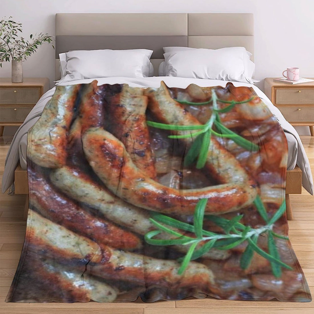 Ultra-soft flannel fleece throw blanket featuring a realistic 3D print of sausage and rosemary design. This cozy and plush blanket is perfect for adding a touch of comfort and style to your living room decor. Ideal for gifting on birthdays and Christmas