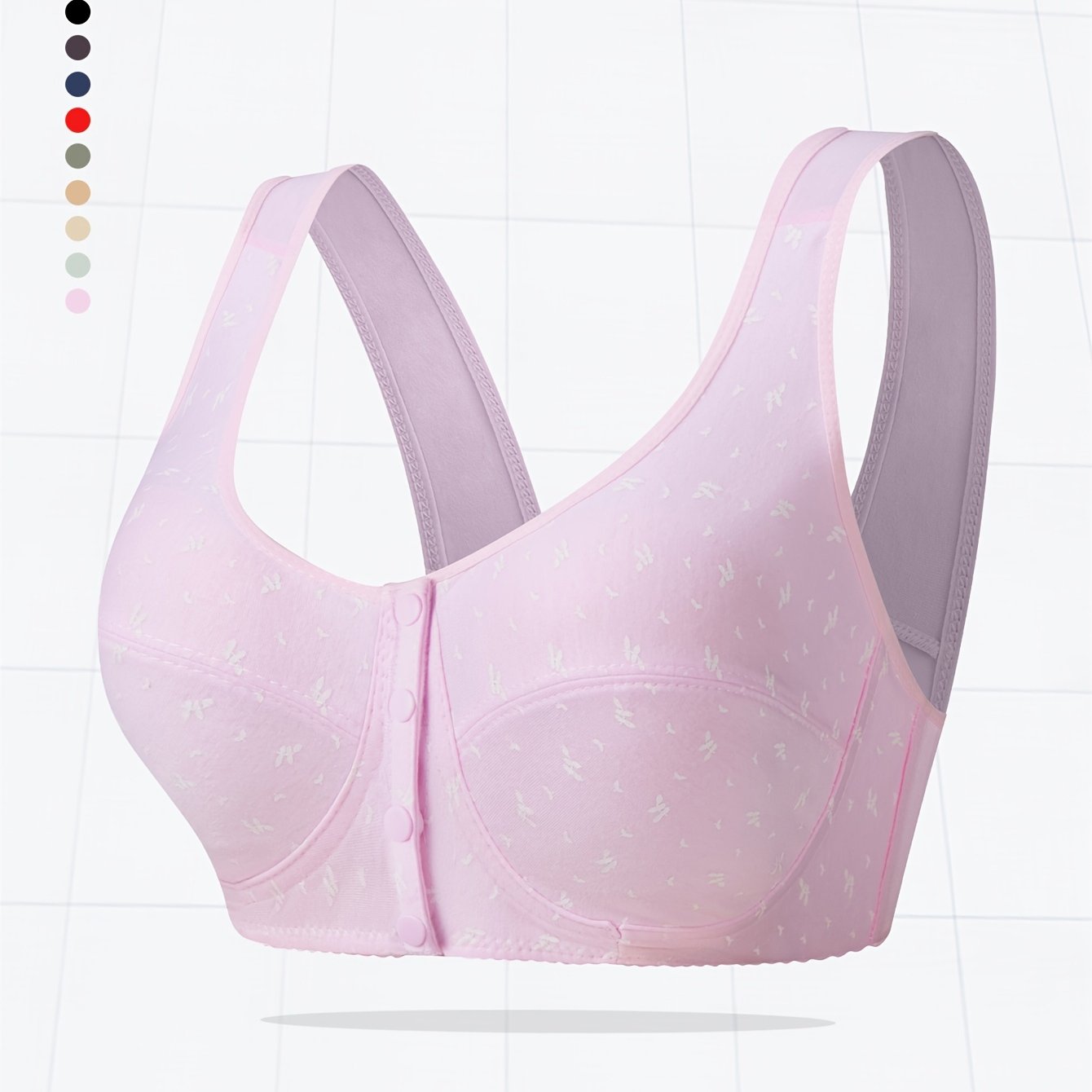 Large women's solid color front buckle vest style bra, comfortable and breathable with random printing, no steel ring.