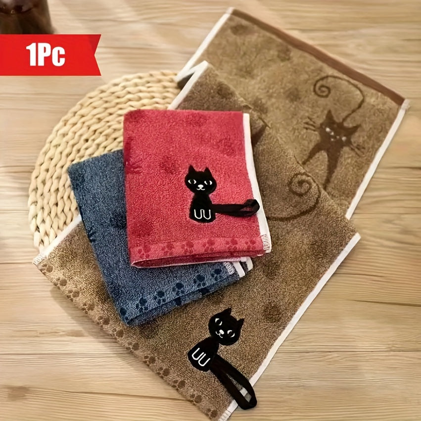 Soft, absorbent Cute Cat Pattern Velvet Hand Towel with Hanging Loop, perfect for kitchen, bathroom, or home decor. Available in Red, Blue, or Beige. Great gift idea with plush texture.